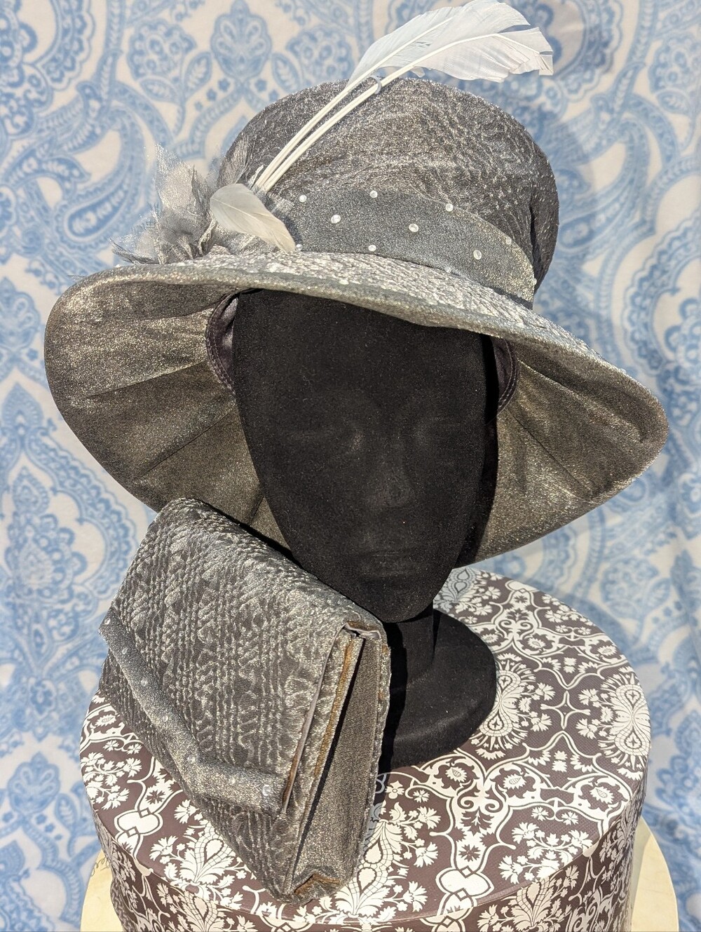 M.STUDIO Silver Gray Feather Trim Dress Hat With Satin And Rhinestone Band &Trim